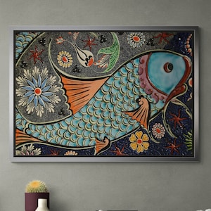 Mosaic Fish Wall Art, Ceramic Fish Framed Canvas, Animal Canvas, Minimalist Wall Art, Abstract Fish Canvas, Fish White Framed Canvas