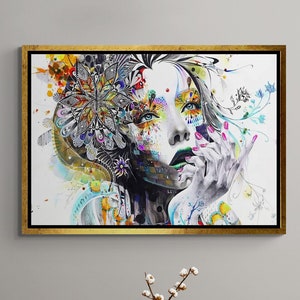 Woman Portrait Art, Colorful Girl Framed Canvas, Woman Face Canvas, Woman Wall Art, Modern Wall Art, Abstract Wall Art, White Framed Canvas