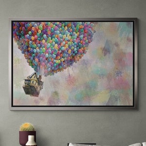 Up Pixar Wall Art, Up Pixar lienzo enmarcado, lienzo para la habitación de los niños, Up Movie Wall Art, lienzo enrollado de globos de colores, lienzo enmarcado negro