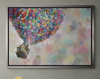 Arte da parete Up Pixar, tela incorniciata Up Pixar, tela per la camera dei bambini, arte da parete Up Movie, tela arrotolata con palloncini colorati, tela incorniciata nera