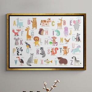Animal Alphabet Canvas, Kids Room Framed Canvas, Cartoon Wall Art, Playroom Wall Art, Nursery Canvas Art, Baby Alphabet, Gold Framed Canvas