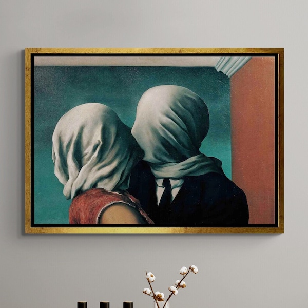 Rene Magritte The Lovers Canvas, Couple Kiss Framed Canvas, Romantic Wall Art, 1928 by Rene Magritte, Famous Wall Art, Black Framed Canvas