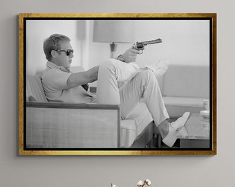Steve McQueen Wall Art, Steve McQueen Framed Canvas, Legendary Actor Canvas, Famous Man Canvas, Coolest Guy Ever, Silver Framed Canvas