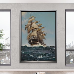 Sailing Ship Wall Art, Seascape Framed Canvas, Wavy Sea Canvas, Ship Wall Art, Rowing Boat Rolled Canvas, Ship Canvas, White Framed Canvas