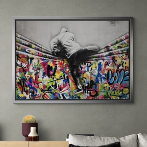 Banksy Jumping Man Framed Canvas, Graffiti Wall Art