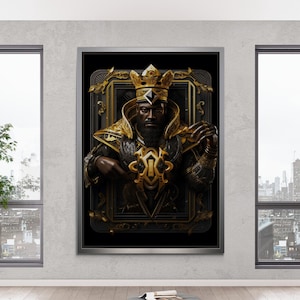Arte da parete con carte da gioco, tela del re, grafica della carta, tela del re d'oro, tela del re di cuori, grande arte della parete, arte della carta, tela con cornice in argento