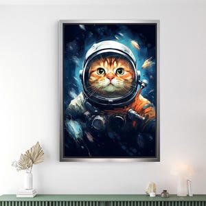 Orange Astronaut Katzen Leinwand - Weltraum Katze Wandkunst für Sci-Fi Liebhaber, wunderliche Tier-Galaxie-Dekor für Wohnzimmer oder Kinderzimmer Raum Raum