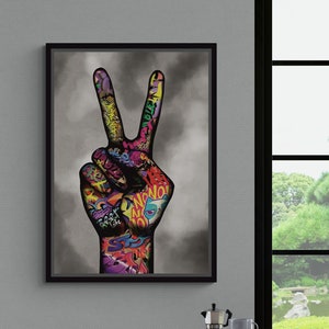 Banksy Peace Sign Graffiti, Framed Canvas Wall Art