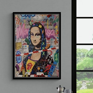 BANKSY Mona Lisa Graffiti Framed Canvas, Banksy Mixed Graffiti Art, Mona Lisa Wall Art, Graffiti Pop Art, Mona Lisa Black Framed Canvas