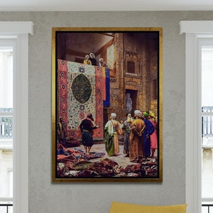The Carpet Merchant Wall Art, Jean Leon Gerome Framed Canvas, Orientalism Oil Painting Canvas, Reproduction Wall Art, Silver Framed Canvas