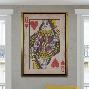 Koningin van harten kunst aan de muur, speelkaart ingelijst canvas, vintage stijl canvas, speelkamer kunst aan de muur, speelkaart koningin zilver ingelijst canvas