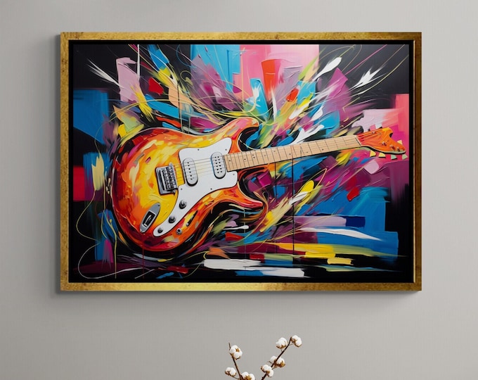 Guitar Canvas, Musical Instrument Wall Art, Guitar Wall Art, Pop Art Canvas, Music Wall Art, Colorful Guitar Art, Gold Framed Canvas