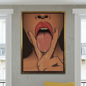 Sexy Woman Pop Art, Seductive Woman Wall Art, Woman Sticking Tongue Framed Canvas, Sexy Lips Rolled Canvas, Wet Woman, Silver Framed Canvas