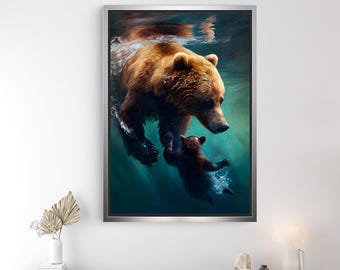 Canvaskunst zwemmende beer en welp – Rustiek decor met dieren in het wild