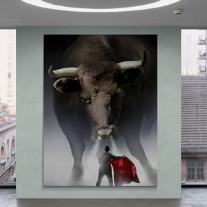 Angry Bull Canvas, Bull Wall Art, Animal Wall Art, Matador Bull Canvas, Matador Wall Art, Aggressive Bull Canvas, Matador in Suit Wall Art
