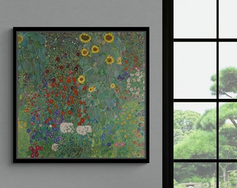 Gustav Klimt Artwork, Farm Garden with Sunflowers, Famous Wall Art, Flowers Canvas, Sunflowers Wall Art, Klimt Wall Art, White Framed Canvas