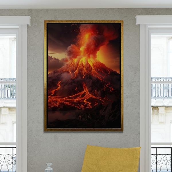 Volcanic Eruption Wall Art, Magma Canvas, Volcanic Blast Artwork, Large Wall Art, Natural Events Canvas, Lava Flow Art, White Framed Canvas