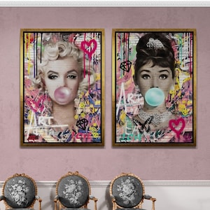 Audrey Hepburn Framed Canvas, Marilyn Monroe Wall Art, Pink Bubble Gum Canvas, Set of 2 Actress Wall Art, Bubble Gum Silver Framed Canvas