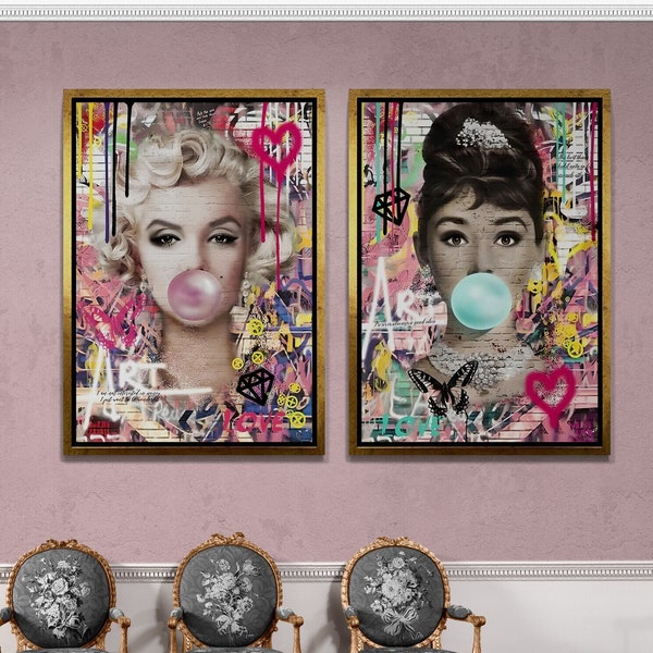 Audrey Hepburn Framed Canvas, Marilyn Monroe Wall Art, Pink Bubble Gum Canvas, Set of 2 Actress Wall Art, Bubble Gum Silver Framed Canvas