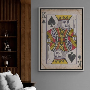Cartes à jouer Roi de coeur, toile encadrée, oeuvre d'art murale King, oeuvre d'art murale de salle de jeux, toile moderne, oeuvre d'art murale de casino, toile encadrée noire King Card