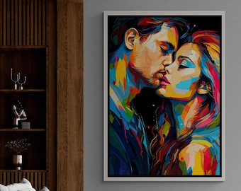Romantic Couple Wall Art, Abstract Kissing Framed Canvas, Lovers
