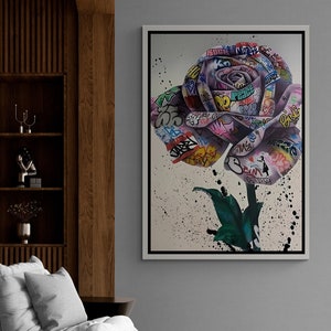 Banksy Rose Graffiti Lienzo enmarcado, Graffiti Rose Wall Art, Banksy Graffiti Wall Art, Banksy famosa cita mural, lienzo enmarcado negro rosa