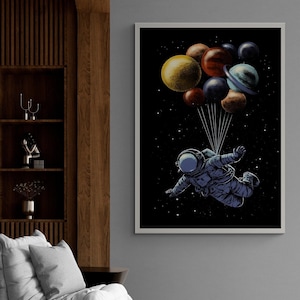 Arte de la pared del astronauta, lienzo enmarcado en el espacio, lienzo del globo del astronauta, arte de la galaxia, arte de la pared del viaje espacial, arte de la pared del cielo, lienzo enmarcado en plata