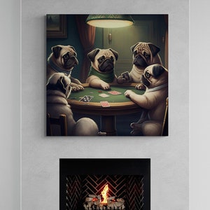 Lienzo de perros de juego, arte de pared Pug, arte de pared de animales, perros jugando a las cartas, arte divertido de la pared, lienzo de juegos de cartas, arte abstracto, lienzo enmarcado blanco