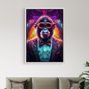 May include: A framed art print featuring a chimpanzee wearing orange-rimmed glasses, a bow tie, and a patterned suit. The background has a colorful, neon-like design. The artwork is displayed above a gray sofa with decorative pillows.