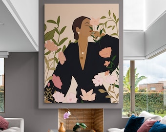 Floral Woman Canvas, Boho Woman Wall Art, Minimalist Wall Art, Boho Style Canvas, Abstract Woman Art, Floral Wall Art, Abstract Woman Canvas