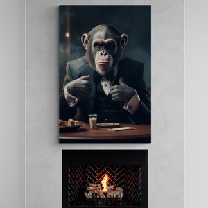 Affe in Anzug gerahmte Leinwand, Tier Wandkunst, Affe Wandkunst, lustiger Affe Leinwand, Boss Affe Kunstwerk, große Wandkunst, silbergerahmte Leinwand