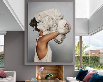 Woman and White Rose Canvas Art, Flower Head Woman Wall Art, Floral Woman Art, White Rose Canvas, Fashion Canvas Art, Blooming Woman Head
