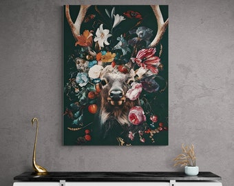 Testa di cervo con fiori colorati, arte della parete floreale, arte della parete colorata, tela floreale, arte della parete del cacciatore, tela di cervo colorata, arte della parete del cervo