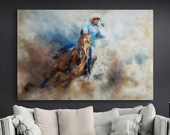 Cowboy Doing Rodeo Wall Decor, Horse Riding Poster, American Sport Print, Gift For Rodeo Fan, Barrel Racing Canvas, Drawing Effect Canvas