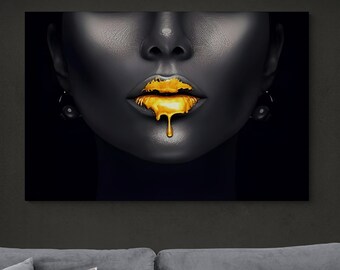 Golden Lips Canvas Art, Black Woman Wall Decor, Girl with Earring Poster, Trendy Wall Art, Luxury Gold Liquid Drops Printing, Female Canvas