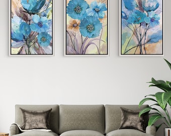 Conjunto de impresiones en lienzo de acuarela floral azul – Tríptico botánico abstracto