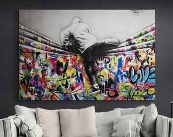 Banksy Canvas, Man Jumping From Colourful Curtain, Street Graffiti Decor, Famous Mural Quote Canvas, Banksy Graffiti Art, Canvas Wall Decor