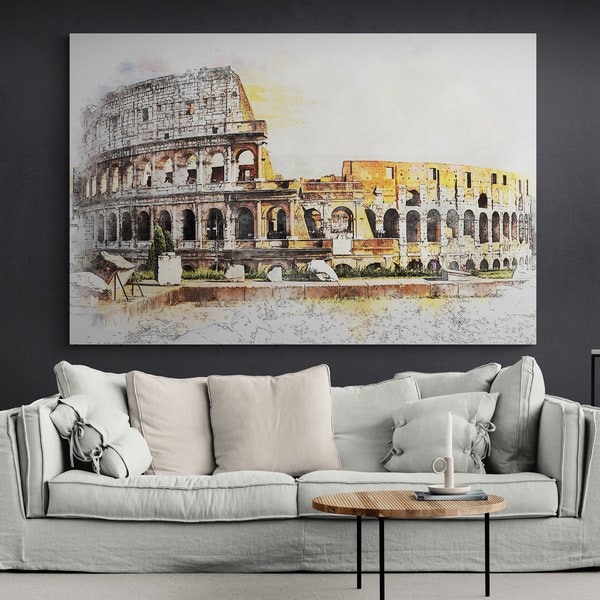 Giant Rome Colosseum With Drawing Effect Canvas Art, Archaeological Relic Wall Decor, Touristic Place Print, Gladiator Fight Arena Poster