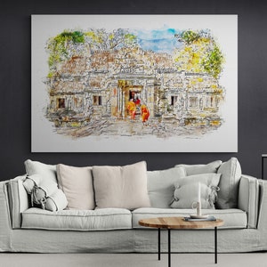 Angkor Wat Temple Canvas Art With Drawing Effect, Historical Artwork Wall Decor in Cambodia, Capital of the Khmer Kingdom Poster, Artifact