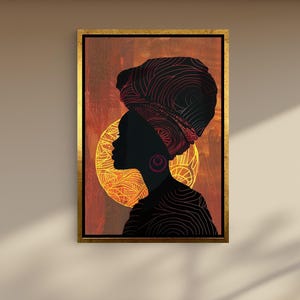 Afro Silhouette Canvas Art – African Woman Wall Decor with Tribal Gold Accents – Elegant Ethnic Design for Living Room or Hallway