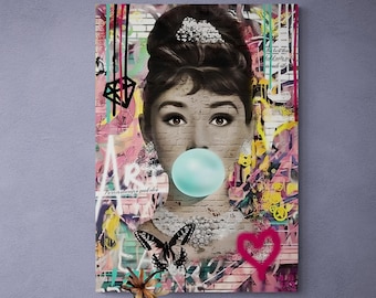 Audrey Hepburn Canvas, Bubble Gum Print, Wall Art Canvas, Hepburn Pink Lips, Modern Poster, Audrey Artwork, Movie Actress, Banksy Graffiti