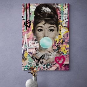 Audrey Hepburn Canvas, Bubble Gum Print, Wall Art Canvas, Hepburn Pink Lips, Modern Poster, Audrey Artwork, Movie Actress, Banksy Graffiti