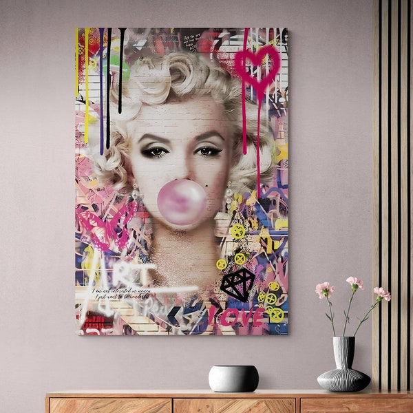 Marilyn Monroe Wanddekoration, Monroe Pink Bubble Gum Poster, schöne Frau Graffiti Druck, Marilyn Monroe Wandkunst, Banksy Wanddekor