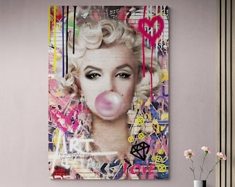 Marilyn Monroe Wall Decoration, Monroe Pink Bubble Gum Poster, Beautiful Woman Graffiti Print, Marilyn Monroe Wall Art, Banksy Wall Decor