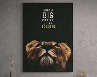 Lion Canvas, Wild Animal Canvas, Motivationele Muurkunst, Focus op Succes Poster, Inspirerende Print, Ondernemerskunstwerk, Kantoordecor