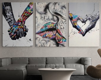 BIG SALE / Banksy Set 3 Canvas, Love and Kissing Art, Gift for Lover, Colourful Graffiti, Famous Mural Quote, Heart Graffiti Art, Canvas Art
