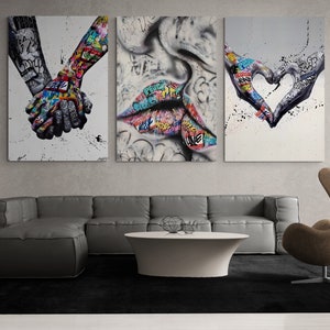 GRAN VENTA / Banksy Set 3 Lienzo, Arte de amor y besos, Regalo para amante, Graffiti colorido, Cita mural famosa, Arte de graffiti de corazón, Arte de lienzo