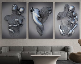 Metallic Canvas Art with 3D Effects, Couples Hugging Wall Art, Couples Kissing Wall Art, Modern Silver Canvas, Set of 3 Ready to Hang Canvas