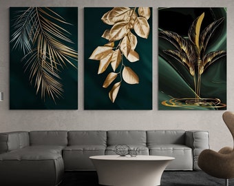 Golden Leaves Canvas, Flowers Wall Art, Golden Tree Branches Canvas, Green and Gold Art, Flowers Canvas, Set of 3 Canvas, Canvas Wall Art