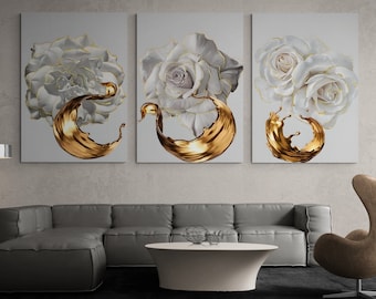 White Rose Canvas, Gold Wall Art, Golden Ink Splash Canvas, Flowers Wall Art, Large Wall Art, Rose Canvas, Set of 3 Canvas, Modern Canvas
